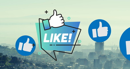 Image of like and like icons over cityscape