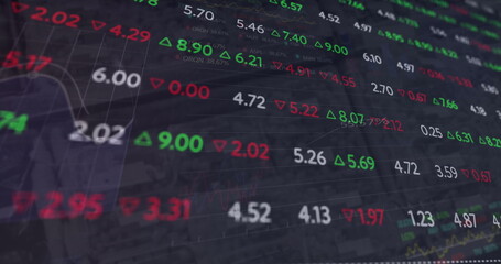 Image of financial data processing over graph and charts on black background