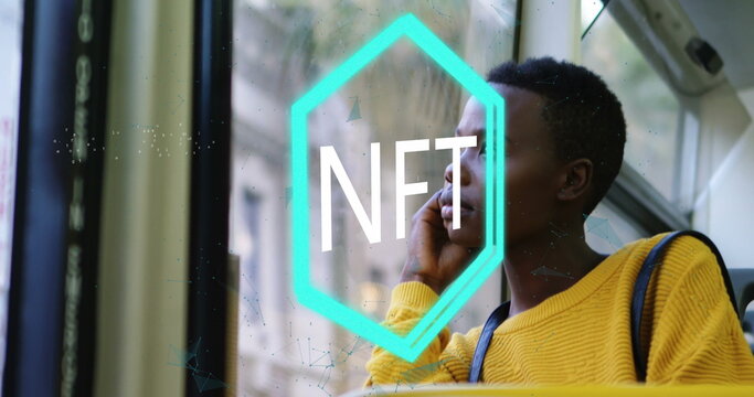 Image of nft logo over thoughtful african american woman travelling on bus