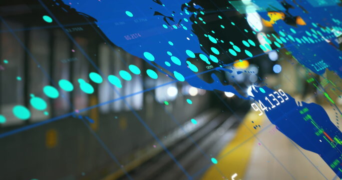 Image of world map and processing data over underground train arriving at metro station