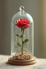 Red Rose in Glass Dome with Beaded Wooden Base