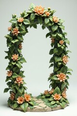 Miniature Lotus Flower Garden Arch with Lush Greenery on White Background