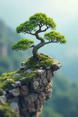 Solitary Green Bonsai Tree on Cliff with Moss and Mountain View