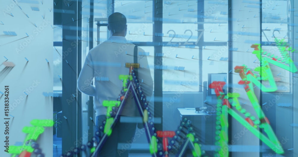 Poster image of financial graphs and data over back view of caucasian man walking camera in office