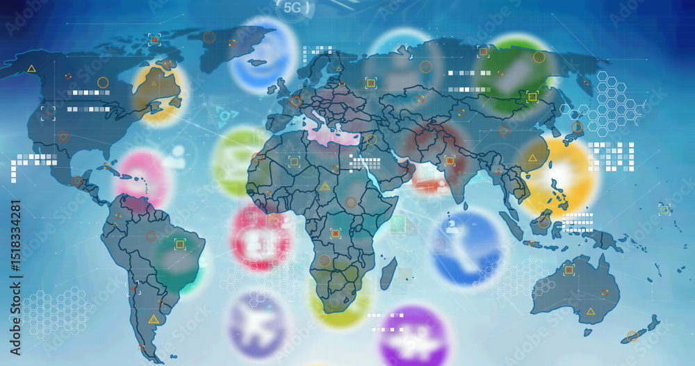 Poster image of icons and world map over data processing and blue screen