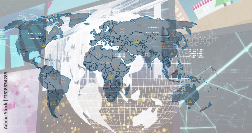 Poster image of data processing over globe and world map