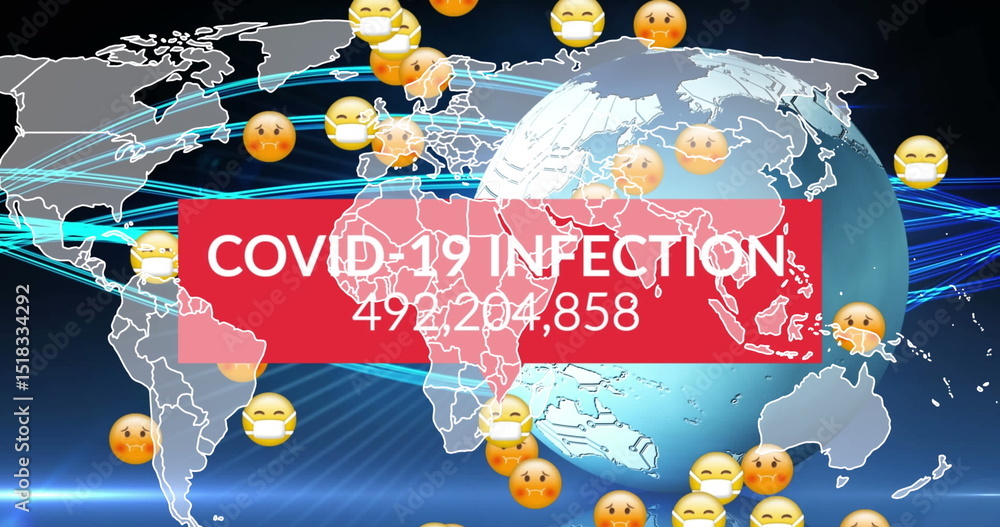 Aufkleber image of covid data processing over multiple sick emojis with face masks