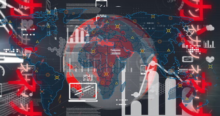 Image of data processing, icons, graphs, globe and chinese writings in black digital space
