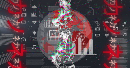 Image of data processing, icons, globe and chinese writings in black digital space