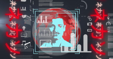 Image of data processing, user photos and chinese writings over globe on black background