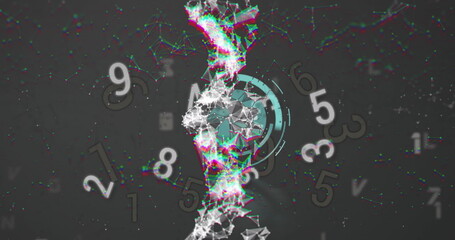 Image of dna, numbers, clock and connections on black background
