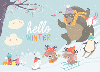 Hand-drawn cute cartoon animal poster templates, interesting children's flat vector illustrations, and cheerful festival backgrounds