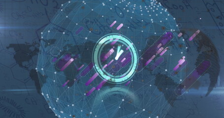Image of globe, clock, purple shapes and connections over navy background