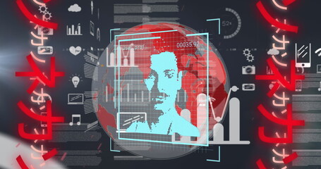 Image of data processing, icons, user photos, globe and chinese writings in black digital space