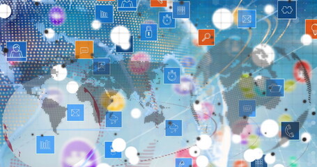 Image of globe, world map and tech icons over blue background