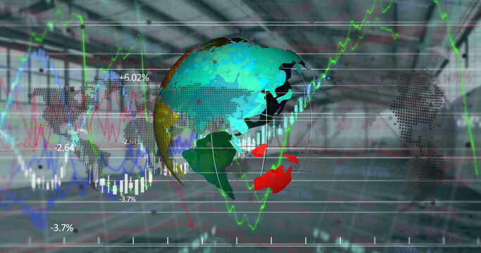 Image of globe and financial data over warehouse
