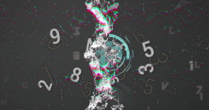 Image of dna, numbers, clock and connections on black background - Powered by Adobe