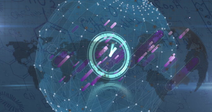 Image of globe, clock, purple shapes and connections over navy background