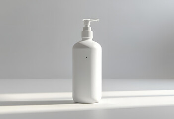 Minimalist white pump bottle against a clean gray background, perfect for beauty and hygiene product mockups.