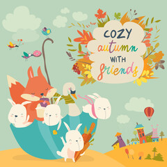 Hand-drawn cute cartoon animal poster templates, interesting children's flat vector illustrations, and cheerful festival backgrounds