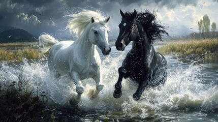 White and Black Ponies Splashing in Moorland Water 
