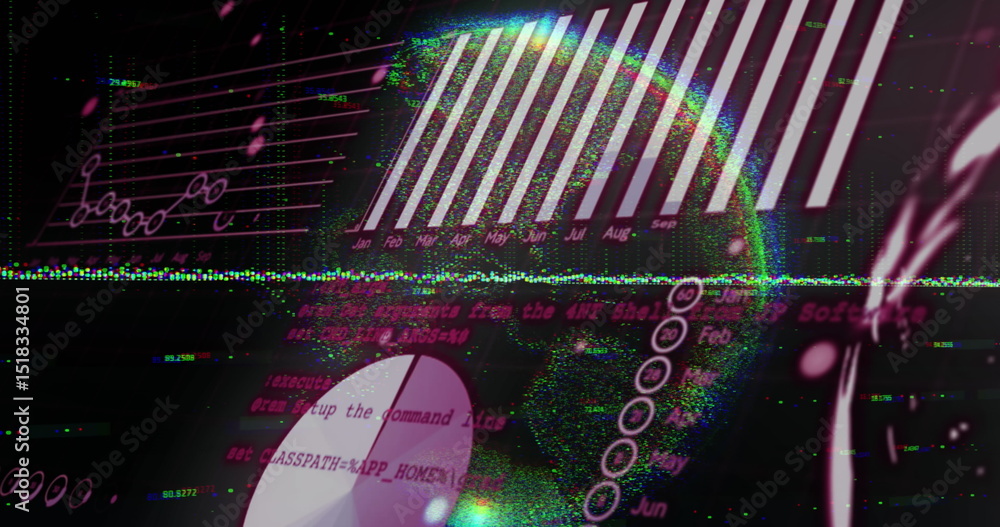 Poster image of financial data and graphs over globe on black background