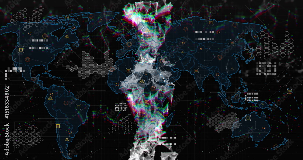 Poster image of dna strand, data processing and statistics over world map