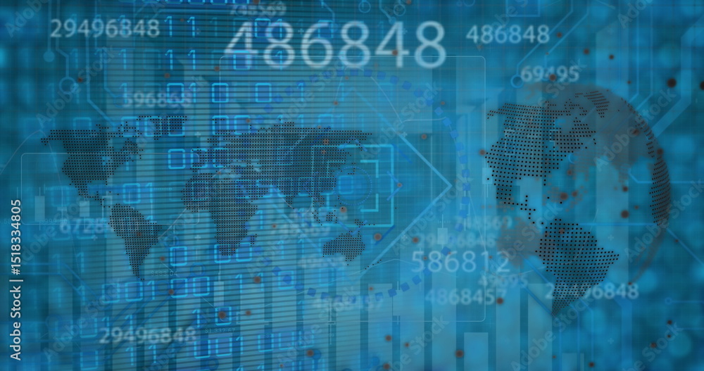 Poster image of data processing and globe over server room