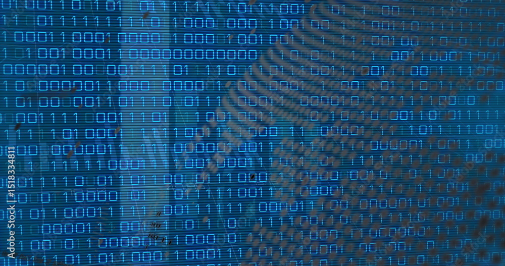 Poster image of financial data and globe over binary code on blue background