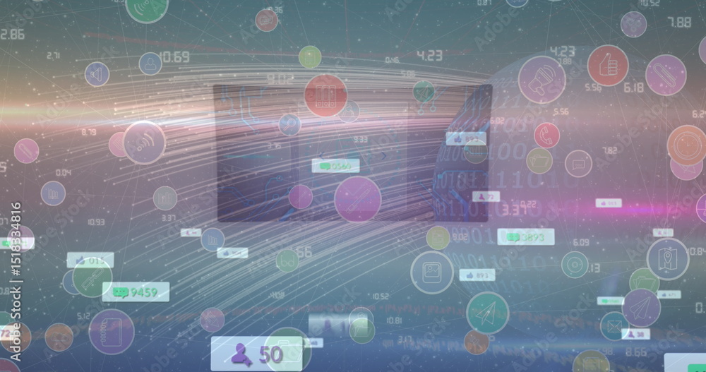 Poster image of data processing and media icons over road