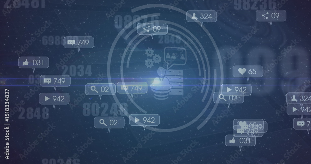 Poster image of social media reaction and tech icons over digital space with numbers