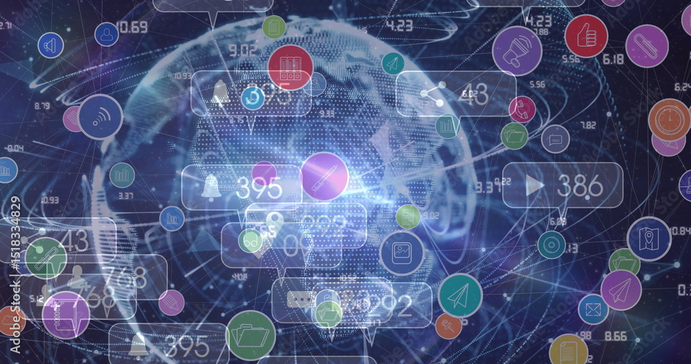 Poster image of network of connections with icons and data processing over world map