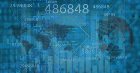 Image of data processing and globe over server room