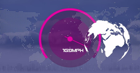 Image of speedometer, globe and world map over cityscape