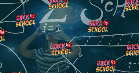Image of back to school and math formulas over caucasian girl in vr headset