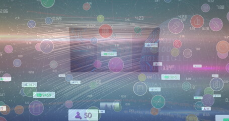Image of data processing and media icons over road