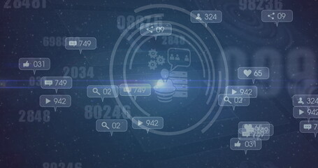 Image of social media reaction and tech icons over digital space with numbers