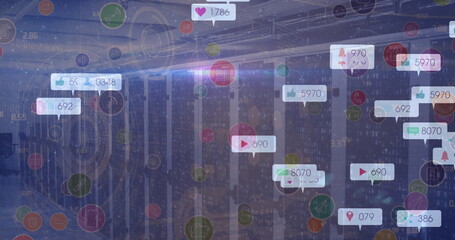 Image of social media reaction and tech icons over servers