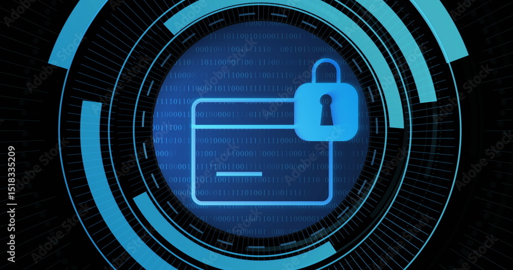 Poster image of card and digital padlock in processing circle on black background