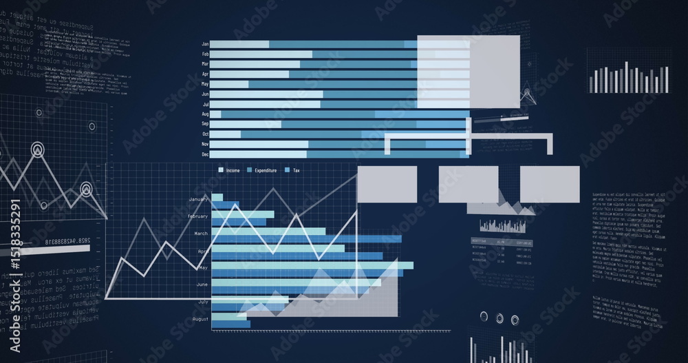 Poster image of diverse graphs and financial data on navy background