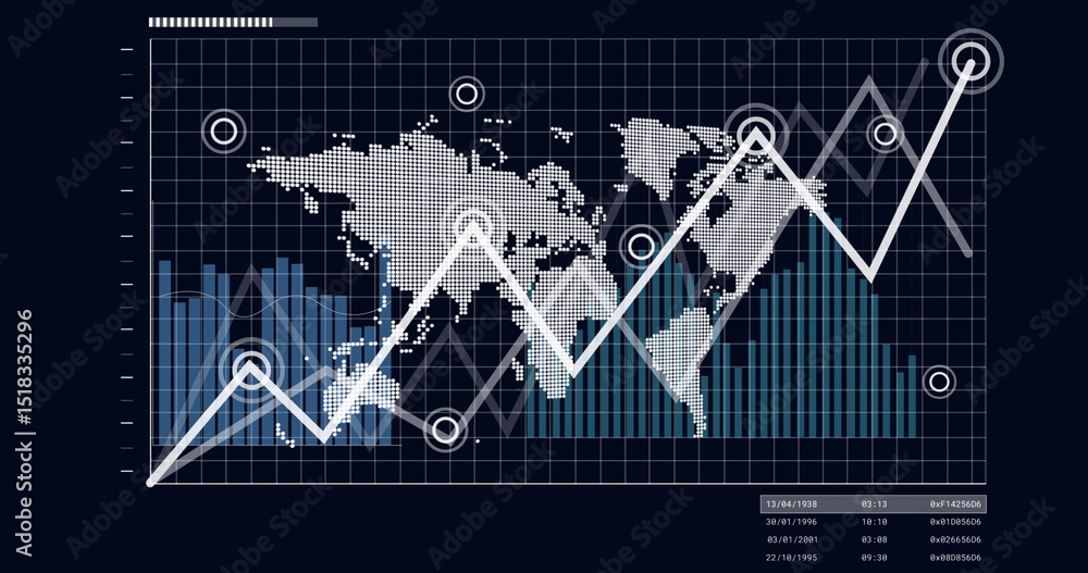 Poster image of diverse graphs and world map on black background