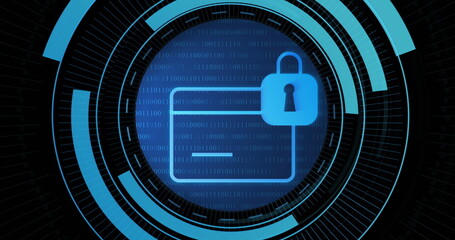 Image of card and digital padlock in processing circle on black background