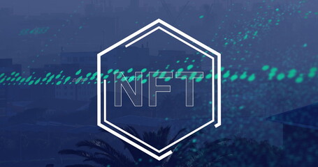 Image of graphs and nft over cityscape