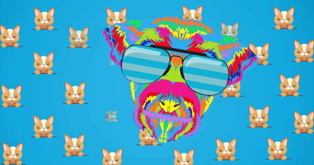 Image of cats over colorful dog in glasses on blue background