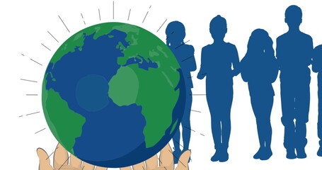 Image of hands with globe over people silhouettes on white background