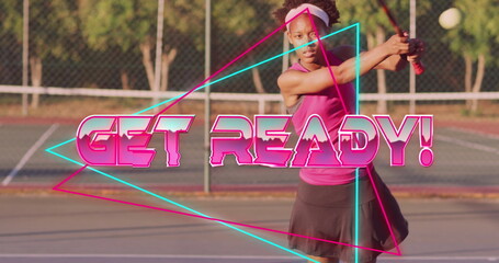 Image of get ready text over african american female tennis player