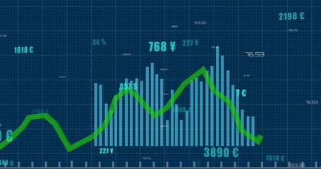 Image of diverse graphs and financial data on blue background