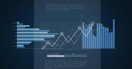 Image of diverse graphs and financial data on black background