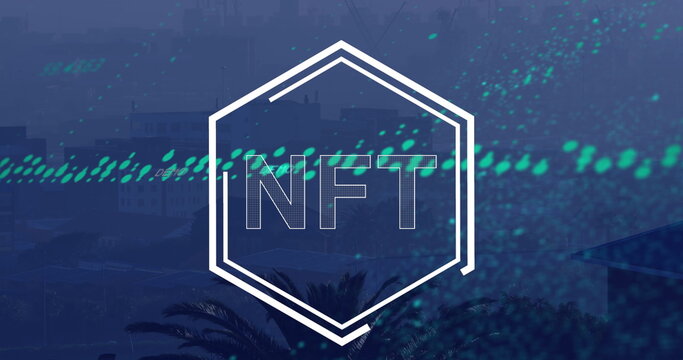 Image of graphs and nft over cityscape