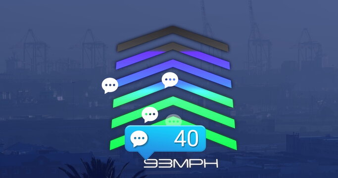 Image of social media reactions and speedometer over cityscape - Powered by Adobe